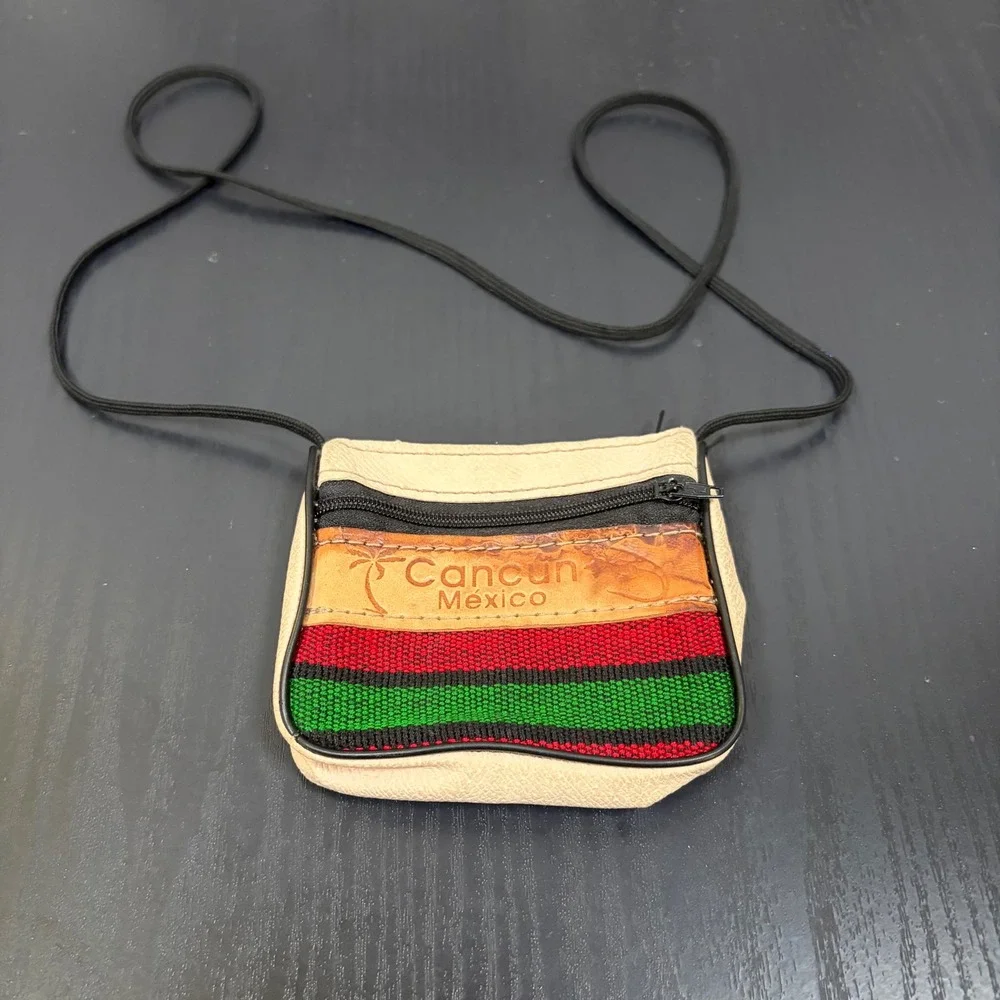 Cancun Mexico Souvenir Crossbody Bag Small Woven Striped Leather Neck Pouch 0110